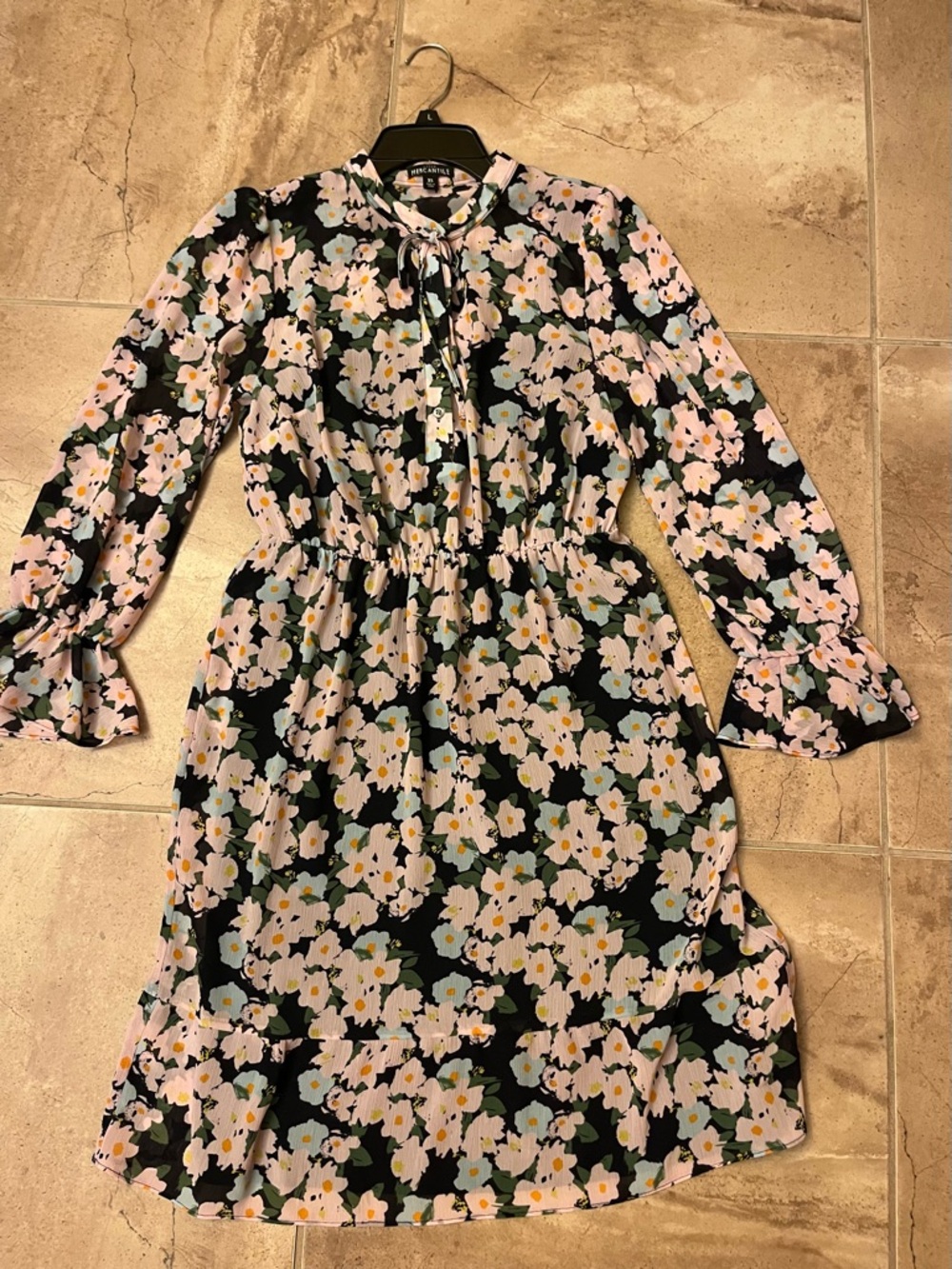 J. Crew Black Floral Tie-Neck Midi Dress with Pastel Pink Blooms